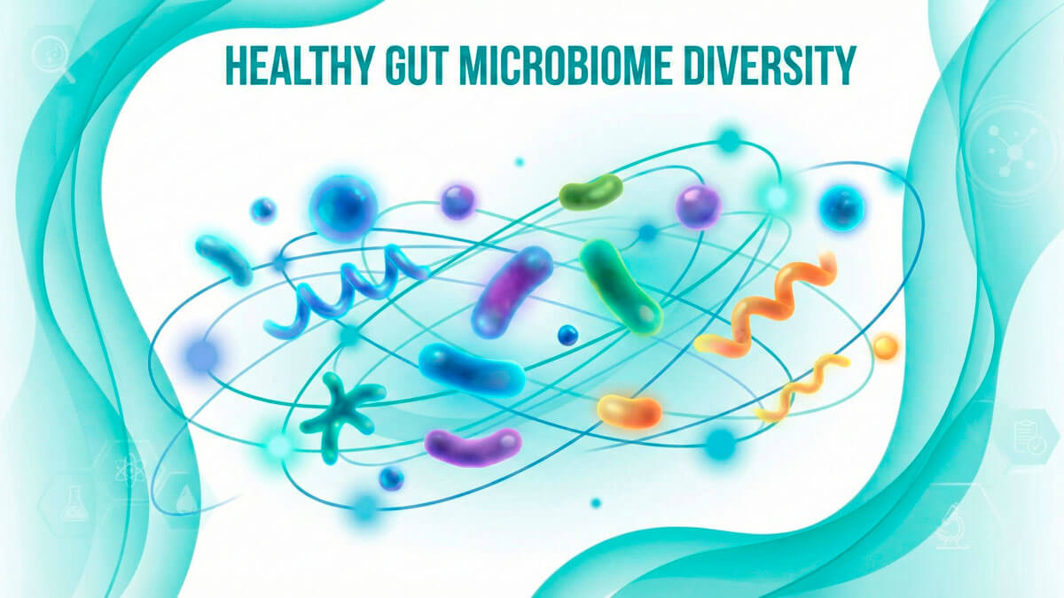 PROMPT: Abstract visualization of diverse healthy gut microbiome, colorful beneficial bacteria illustration, scientific medical style, clean white background with teal accents