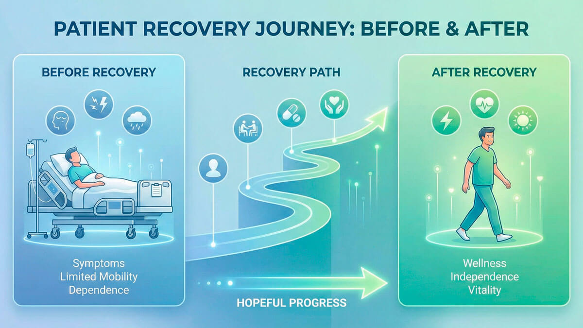 PROMPT: Medical infographic style: patient recovery journey visualization, before and after comparison concept, hopeful and professional tone, soft blue and green gradients